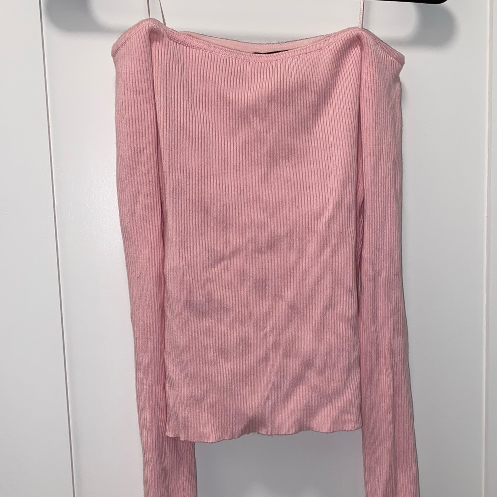Pink Off-Shoulder Ribbed Sweater